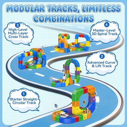3D Anti-Gravity Electric Train Set for Kids Ages 4-8 - 92 PCS Flexible DIY Race Track Building Toy (60 Track Blocks, 2 Motorized Trains), STEM Educational Birthday Gift for Boys Girls