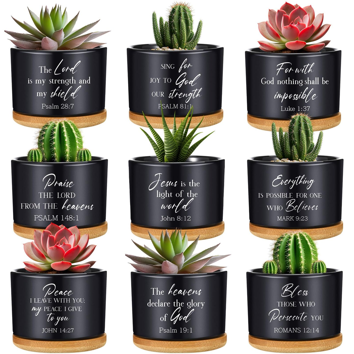 RimCereal 9 Pcs Inspirational Bible Verse Gifts Black Ceramic Succulent Pots with Bamboo Saucers Christian Decor Perfect Religious Gift for Home Office for Mother's Day Graduation Teachers Nurses
