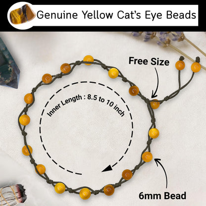 Amazing Gemstone Yellow Cat's Eye Anklet Ankle Bracelets for Women - Waterproof Beaded Healing Crystal Anklets, Plus Size Chakra Gemstone Bead Anklet (Stretchy Adjustable - Hand Knotted)
