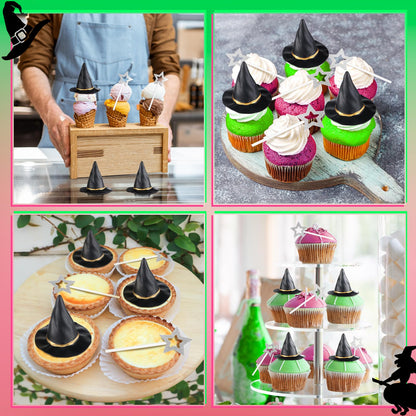 Funnymoom 30 Pcs Witch Party Supplies Witch Hat and Star Cupcake Topper Wizard Hat Princess Cake Decorations Halloween Cupcake Topper Sticks Dessert Cake Accessories for Birthday Party Supplies