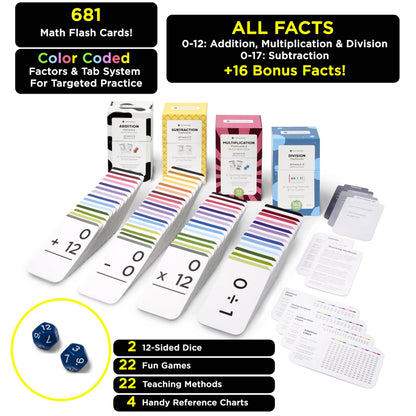 Award-Winning Math Flash Cards – 681 Addition, Subtraction, Multiplication & Division Facts (0–12) – 1 Fact & Visual Aid Per Card (Jumbo Size) 2 Dice, Games, Teaching Methods & Mastery Divider Tabs