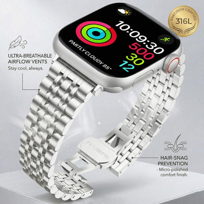 PUGO TOP Luxury Stainless Steel Band Compatible with Apple Watch Ultra 3/2/1 (49mm) & Series 11 10 9 8-1 SE 3/2/1 (46/45/44/42/41/40/38mm), Professional Business Dressy Metal Strap with Butterfly Clasp for Men Women, Adjustable Link Two-Tone Bracelet with