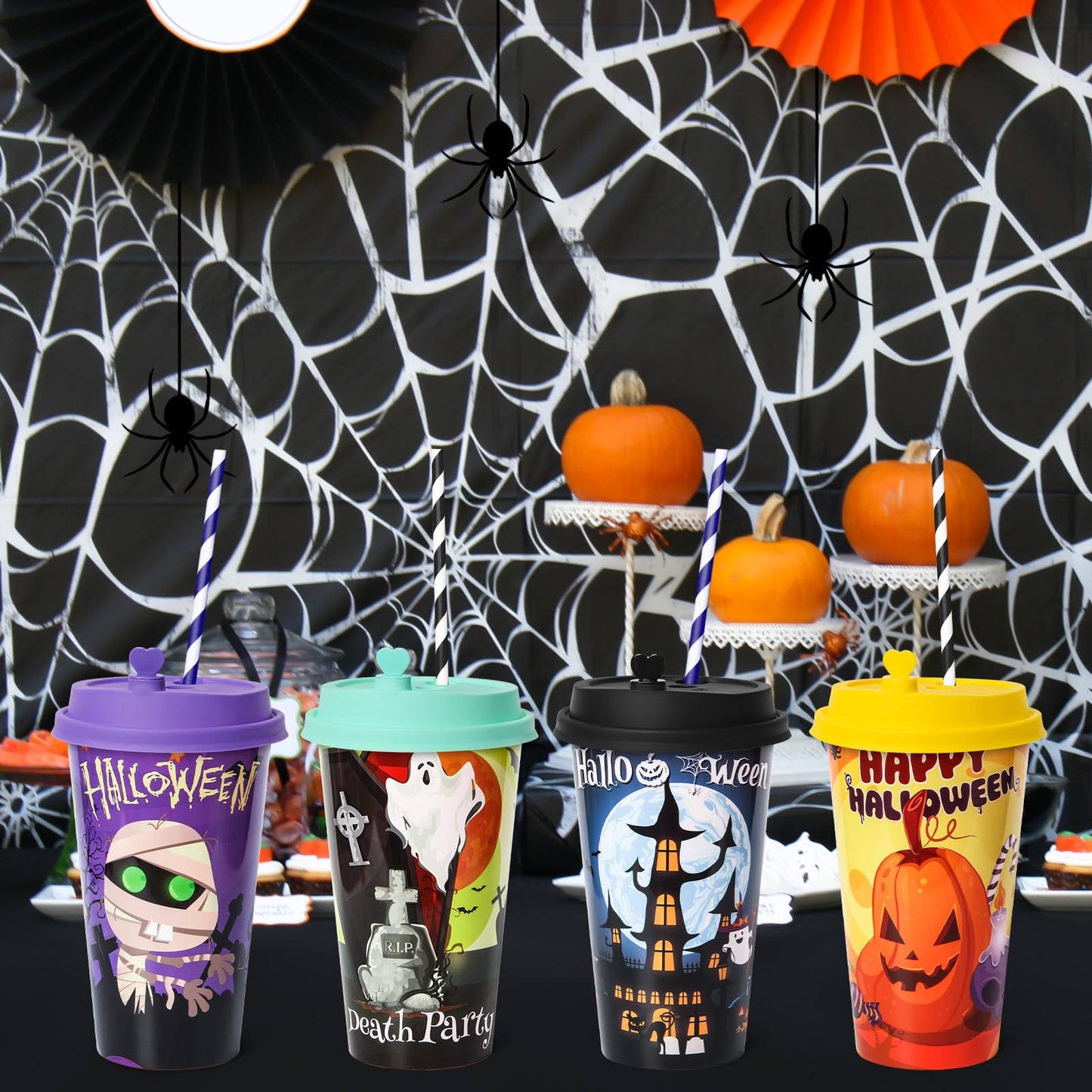 FZR Legend 24 Pack Halloween Party Favors Goodie Cups - Bats, Ghost, Cats, Pumpkin, Witch, Spider Patterns - 16OZ Reusable Plastic Cups With Lids and Plugs for Party Decorations