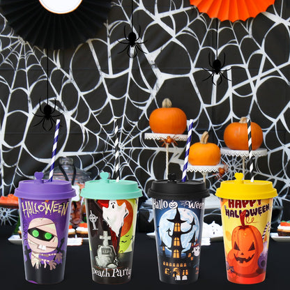 FZR Legend 24 Pack Halloween Party Favors Goodie Cups - Bats, Ghost, Cats, Pumpkin, Witch, Spider Patterns - 16OZ Reusable Plastic Cups With Lids and Plugs for Party Decorations
