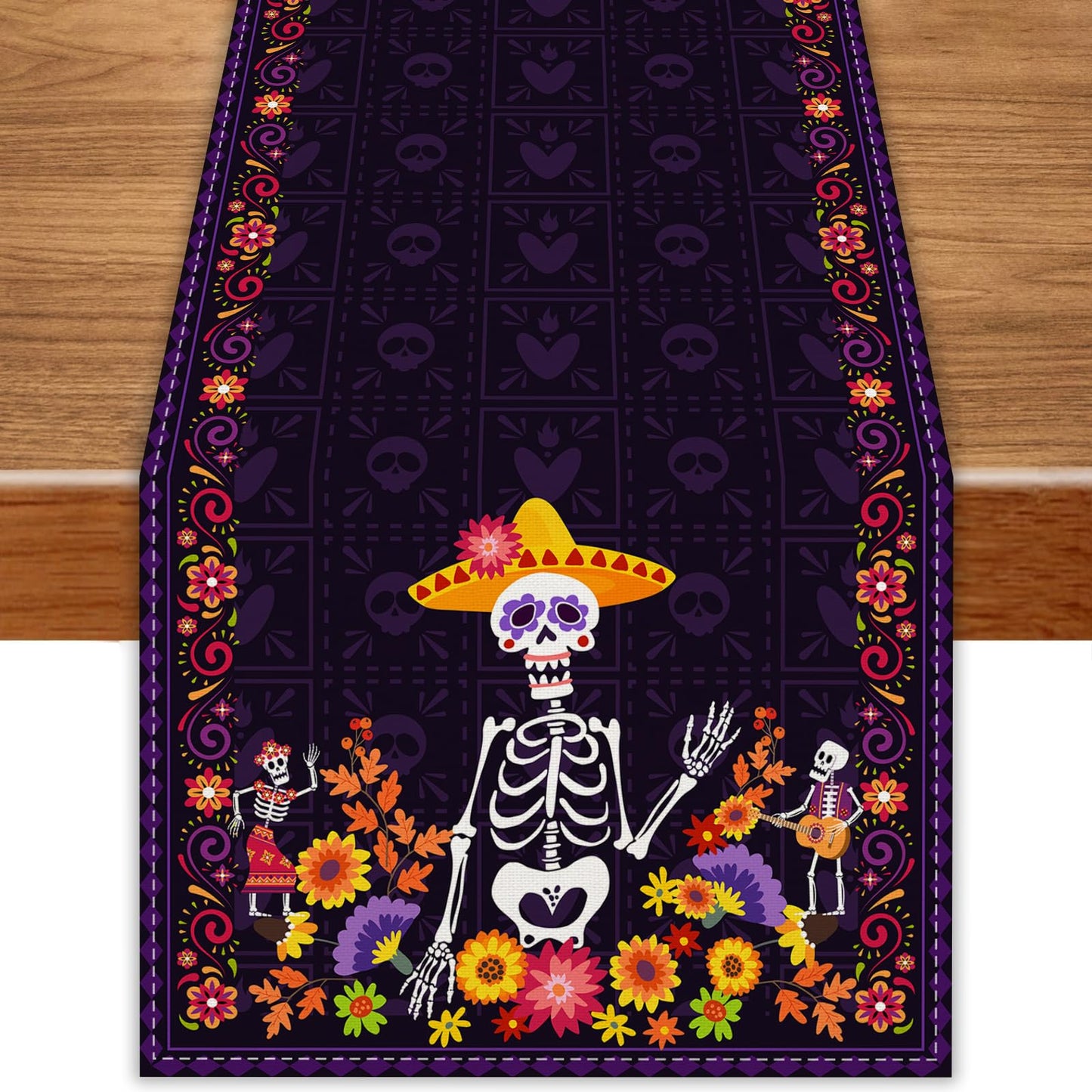 Day of The Dead Table Runner Dia De Los Muertos Tablecloth Mexican Halloween Sugar Skull Home Kitchen Dining Table Decorations 13x90 Inch