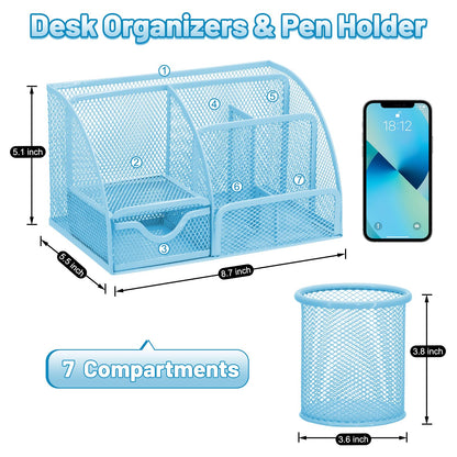 13-in-1 Office Desk Organizer Set with Stapler and Tape Dispenser, Pen Holder, Scissors, Ruler, Hole Punch, 2 Pens & More Desktop Accessories for Back to School Supplies (Blue)