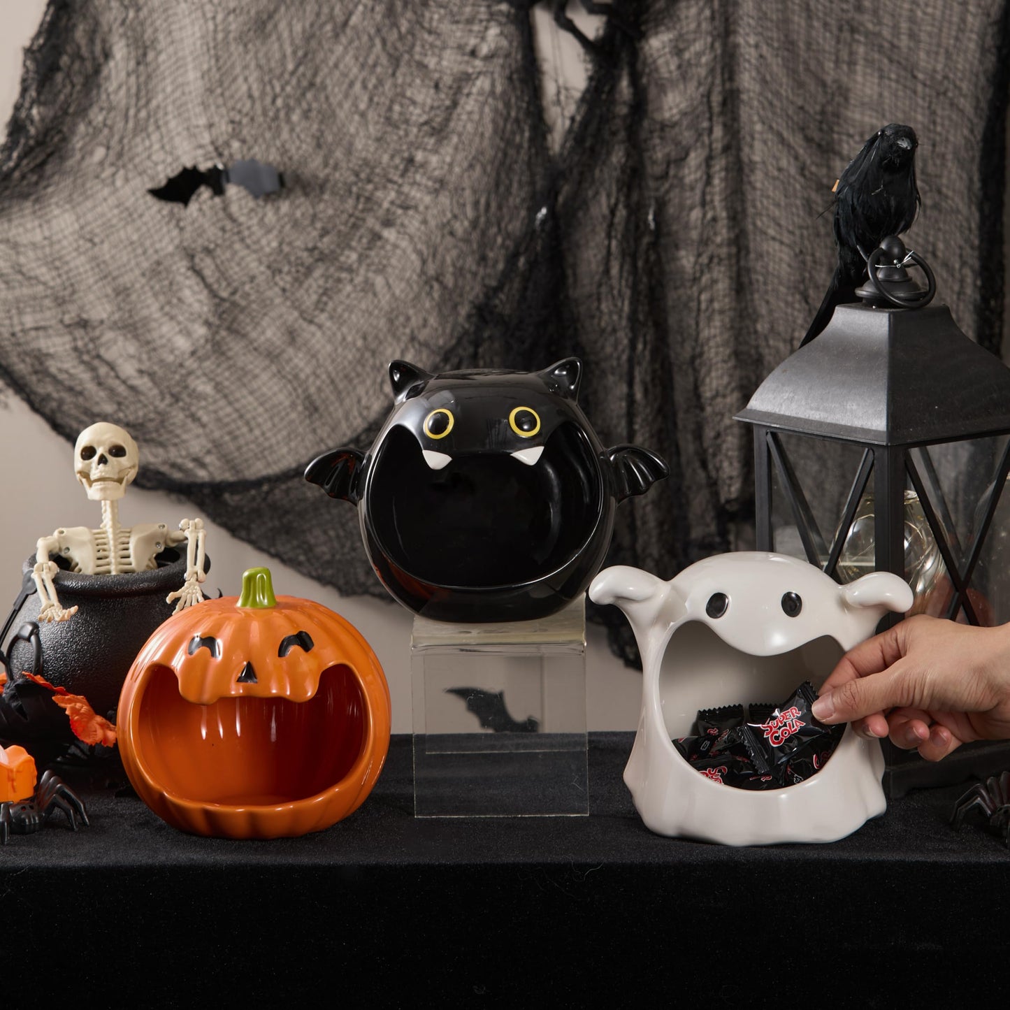 Bico Black Bat Ceramic Candy Bowl Holder with Large Opening, Dish for Candy, Cookie, Candles, Halloween Decoration, Day of The Dead Decor