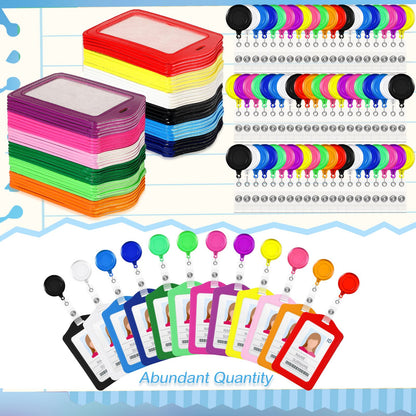 60 Sets Retractable Badge Reels, PU Leather Name Badge Holder, Multicolor ID Holder Key Card Holder Vertical ID Badge with Reel Clip for Office Business Worker Teachers Students Nurses Doctor
