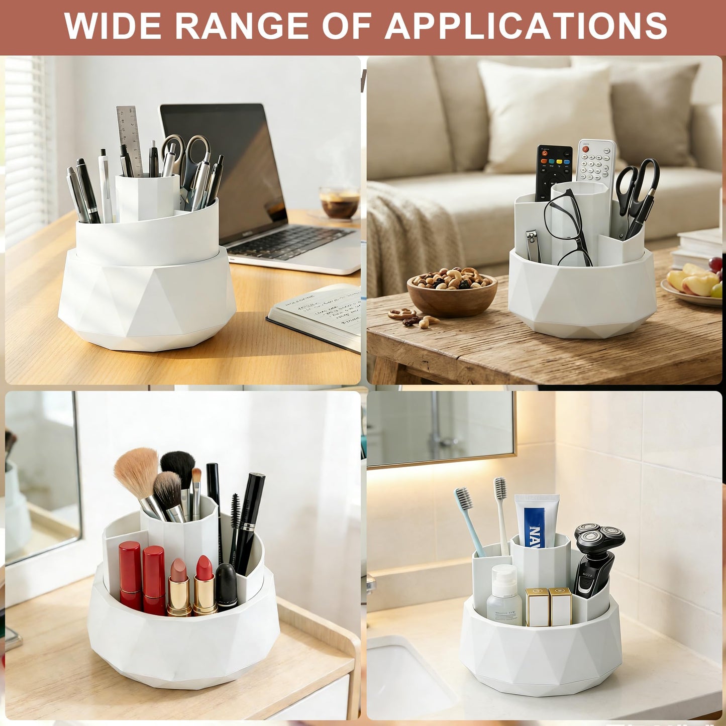 Dlicoda 360° Rotating Pen Holder, Large Capacity Pencil Organizer with 4 Compartments for Office and Art Supplies (White)