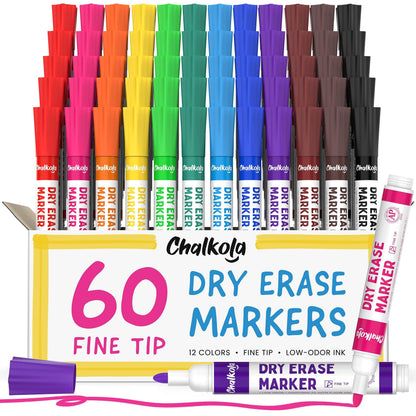 Chalkola Dry Erase Markers Fine Tip Bulk Pack of 60, Thin Point White Board Pens Dry Erase Pens - Non toxic, Low odor Whiteboard Markers for Kids, Teachers, Home, Office & Back to School Supplies
