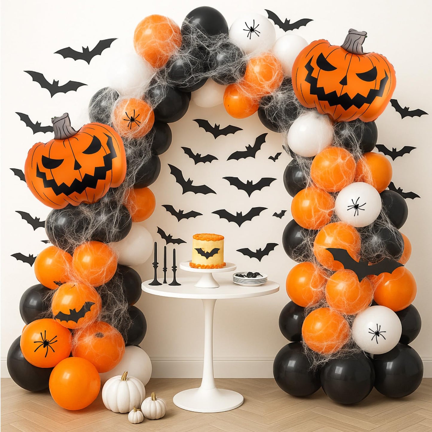 Arrowbash Halloween Balloon Garland Arch Kit 5/10/12/18 Inch Orange and Black White Balloon Arch with 2 Foil Pumpkin Decor, PVC Bats & Spider Web for Halloween Party Decorations(Classic)