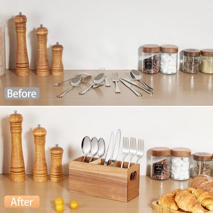 VIVIRBIEN Acacia Wooden Silverware Holder, Kitchen Utensil Caddy with 3 Compartments, Cutlery Storage Organizer Countertop, Flatware Organizer for Party, Spoon, Fork Holder