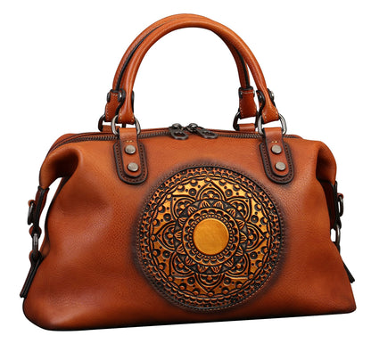 Genuine Leather Women's Handbags Travel Small Purses Top Handle Barrel Satchel Shoulder Hand Bags leather crossbody bags for Women Retro Totem Tote Bag Brown