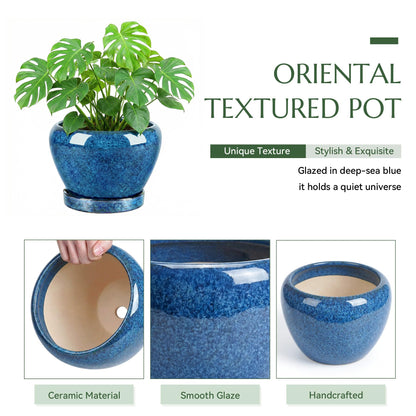 TOSELBAI 8.3 Inch Ceramic Planter with Saucer Leak-Proof Mesh &Drainage, Round Plant Pot with Gardening Gloves for Indoor Outdoor Plants (Sapphire Blue Glaze)