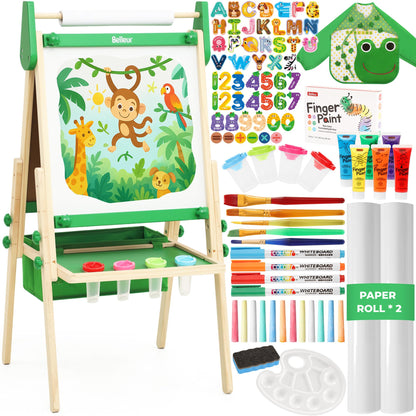 Belleur All-in-One Art Easel for Kids, Adjustable Double Sided Easel for Toddlers with Magnetic Whiteboard & Dry-Erase Chalk Board & Paper Roll, Child Painting Easel for Kid 2-8 Birthday Gift-Green