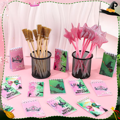 libfrnt 40 Pcs Princess and Witch Party Favors Include 10 Witch Broom Pencils 10 Pink Star Ballpoints 20 Mini Notebooks for Wizard Birthday Witch Halloween Party Supplies