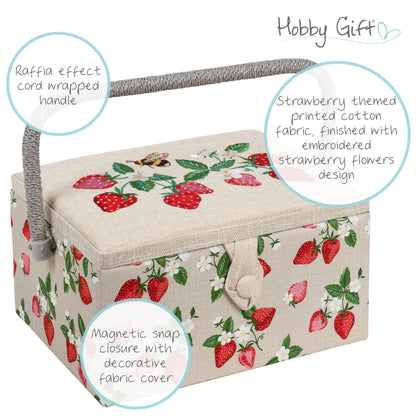 Hobby Gift Medium Sewing Box Organiser, Fabric Covered Storage Box with Handle, Internal Tray, Pin Cushion and Pocket for Sewing, Quilting and Knitting Supplies