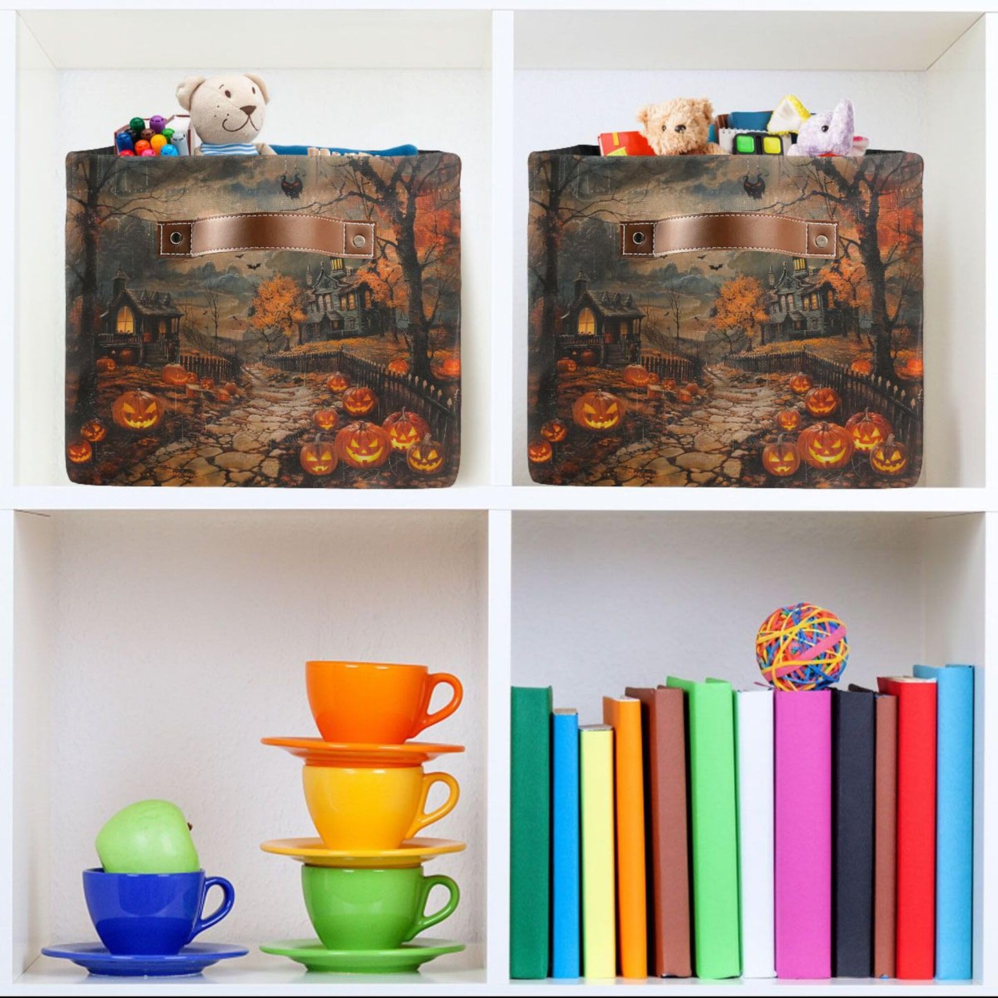 Wamika Halloween Castle Storage Basket with Waterproof Liner and PU Handles Spooky Pumpkin Lantern Storage Bins Boxes 14.2" Collapsible Decorative Organizer Baskets for Bedroom Closet Office 1 Pack