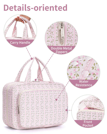 Narwey Travel Toiletry Bag for Women Large Hanging Makeup Bag Organizer Toiletries Bag for Full Size Essentials Accessories Cosmetics (Pink Flower Buds (Large))