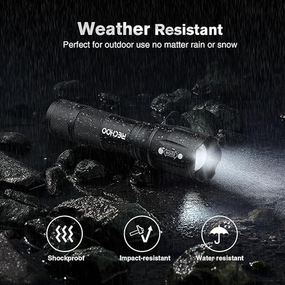RECHOO 4Pack LED Flashlight, Bright Small Flashlights High Lumens with 3 Modes, Pocket Mini Flashlight Battery Powered, Flash Light Adjustable Focus, Waterproof Flashlights for Home Emergency Camping
