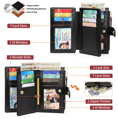 GAEKEAO Wallets for Women RFID Blocking Medium Bifold Ladies Wallet Vegan Leather Floral Card Holder Purse Zipper Coin Pocket