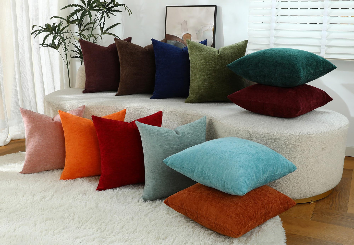 Qanatmz Burgundy Red Chenille Decorative Couch Throw Pillow Covers, Soft Cushion Cases for Home Livingroom Sofa Décor, Pack of 2, 14 x 14 Inches
