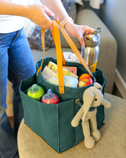 CapaBunga Farmer's Market Tote Shopping Bags with Handles - 7 Pocket Large Utility Tote Bag - Heavy Duty Canvas Utility Bag with Vegan Leather Base - Reusable Tote Bag - Petrol Blue Grocery Bag