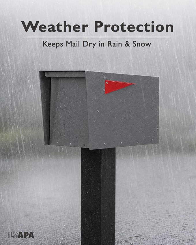 Ilyapa Modern Mailbox for Post Mount - Gray with Gray Door Powder Coated Steel, Waterproof Letter Box for Parcels, with Recessed Magnetic Close Door