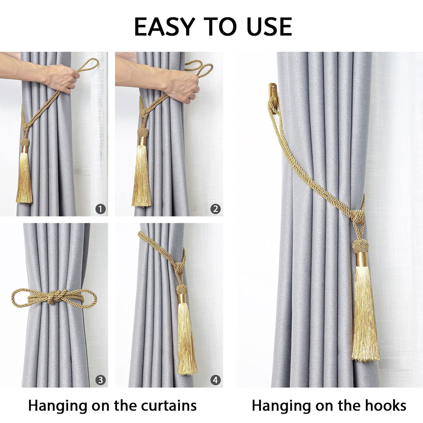 NICEEC 4 Pack Long Tassel Curtain Tiebacks Handmade Braided Rope Knot Drape Tie Backs European Style Decorative Curtain Holdbacks for Home & Office Window Drapery (Gold)