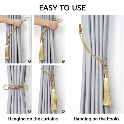 NICEEC 4 Pack Long Tassel Curtain Tiebacks Handmade Braided Rope Knot Drape Tie Backs European Style Decorative Curtain Holdbacks for Home & Office Window Drapery (Gold)