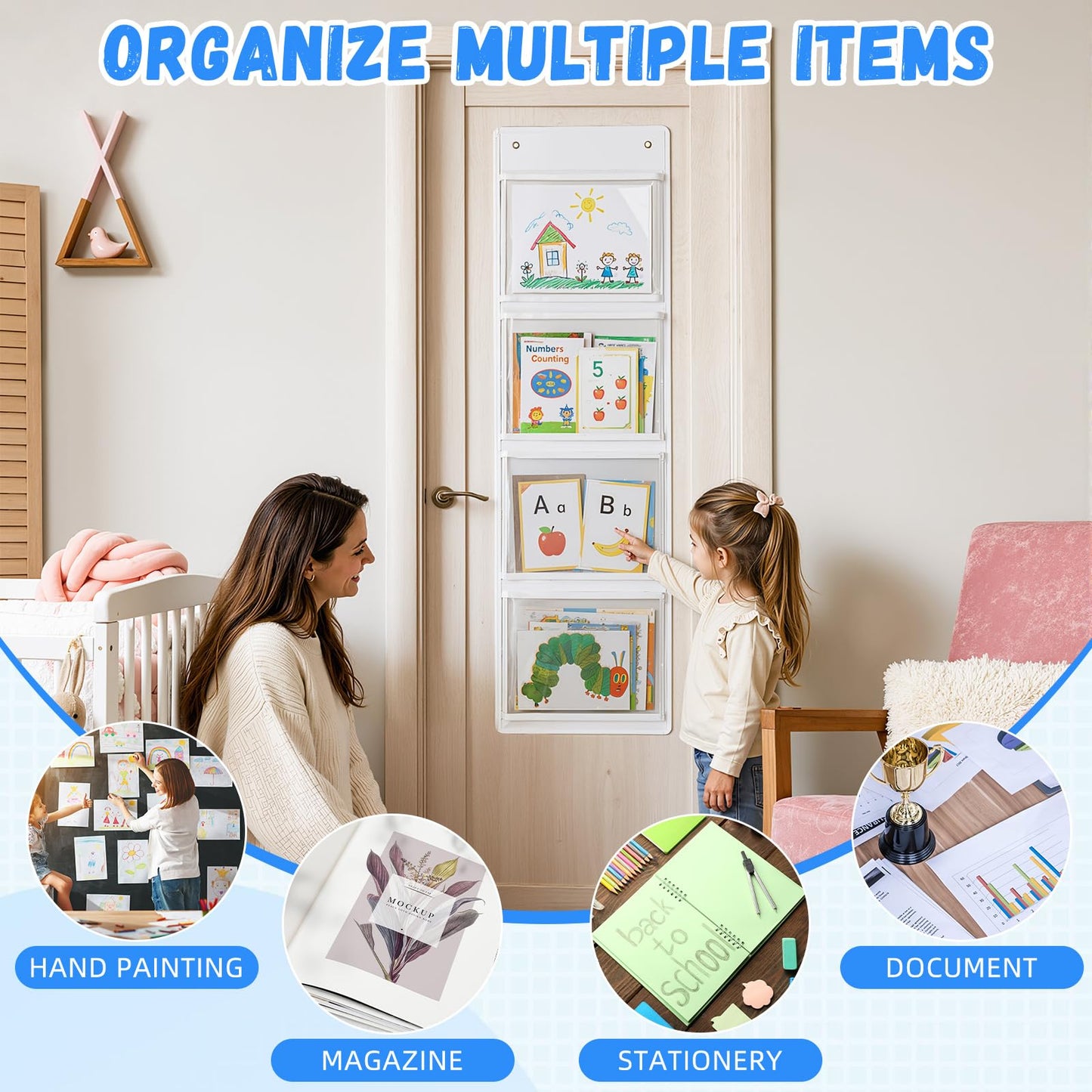 Watersay 2 Pcs Storage Pocket Chart for Classroom 37.4 x 13 in, 4 Pockets Hanging Wall File Organizer for Cards, Drawing, Pictures, Class Demonstrations, Homework, Teacher Office Organization (White)