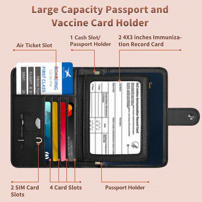 Passport Holder Women, Genuine Leather Passport Wallet RFID Blocking for Men and Women, Passport Cover with Snap Closure Fit for Immunization Record Card - Black