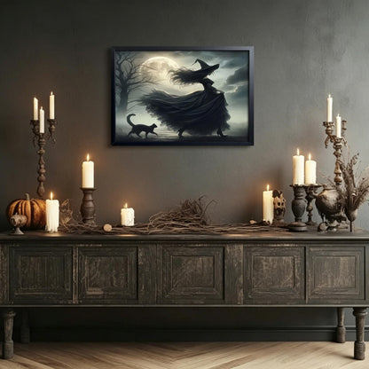 wanyun Dark Witch Wall Art Canvas Framed Poster Print Picture, Gothic Moonlight Witch Artwork Oil Painting, Spooky Halloween Horror Wall Decor for Bedroom Living Room Home Office Decor 16x24 Inch