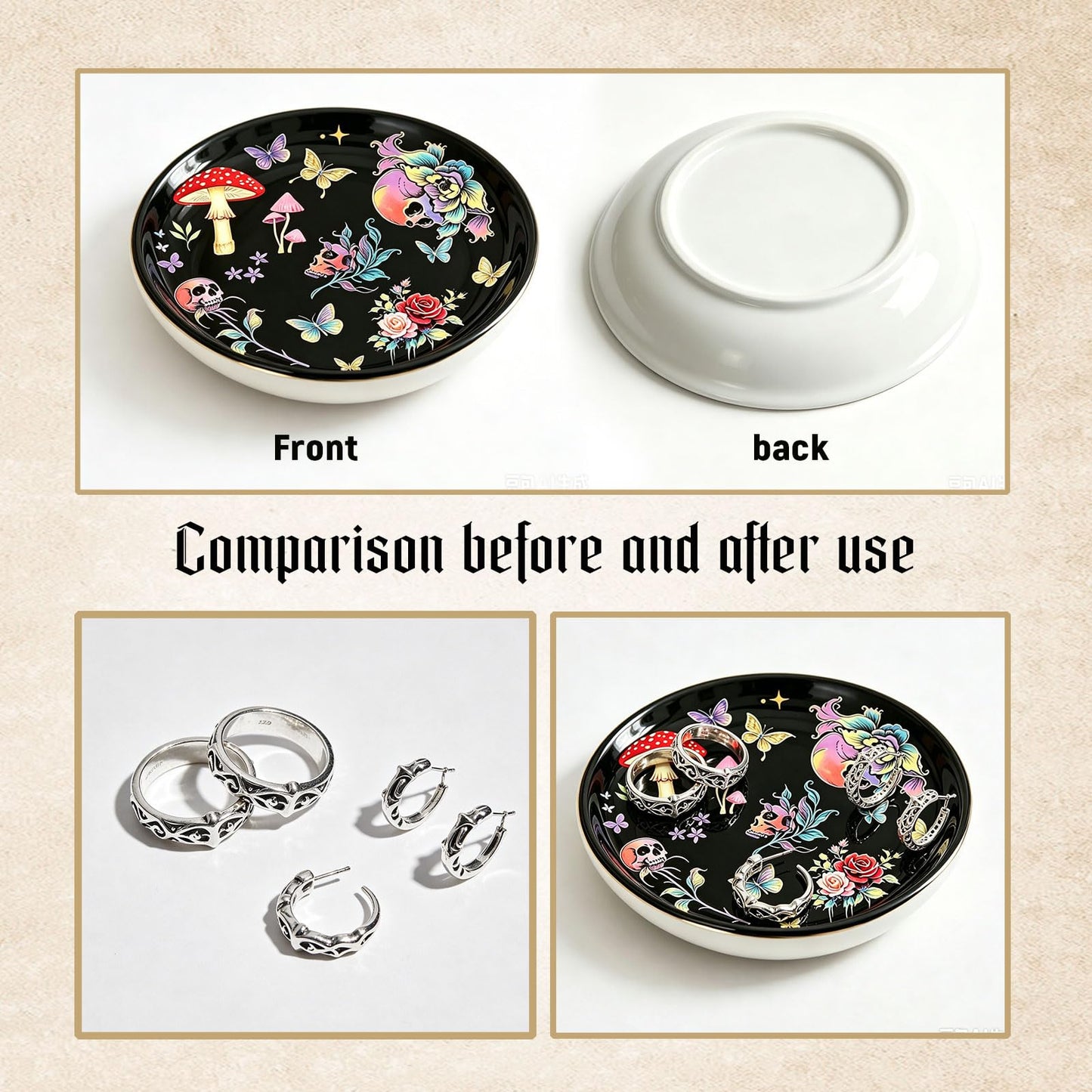 PEJXJML Gothic Ceramic Jewelry Tray Trinket Dish – Skull Mushroom Decorative Tray with Roses Butterflies, Dark Witchy Jewelry Dish for Rings Earrings Keys, Halloween Home Decor Gift, 4.1"