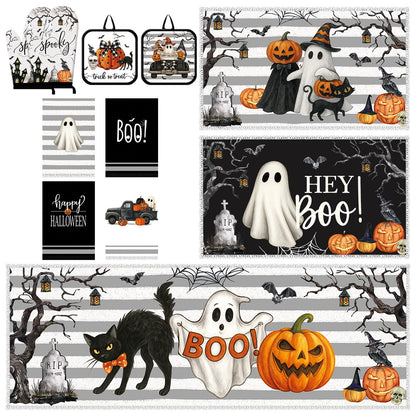 Teenyyou 11 Pcs Halloween Kitchen Mats Oven Mitts Towels and Pot Holders Set Hey Boo Rugs Ghost Kitchen Towels Pot Holders Pumpkin Oven Mitts for Halloween Home Cooking Decor Party Gift