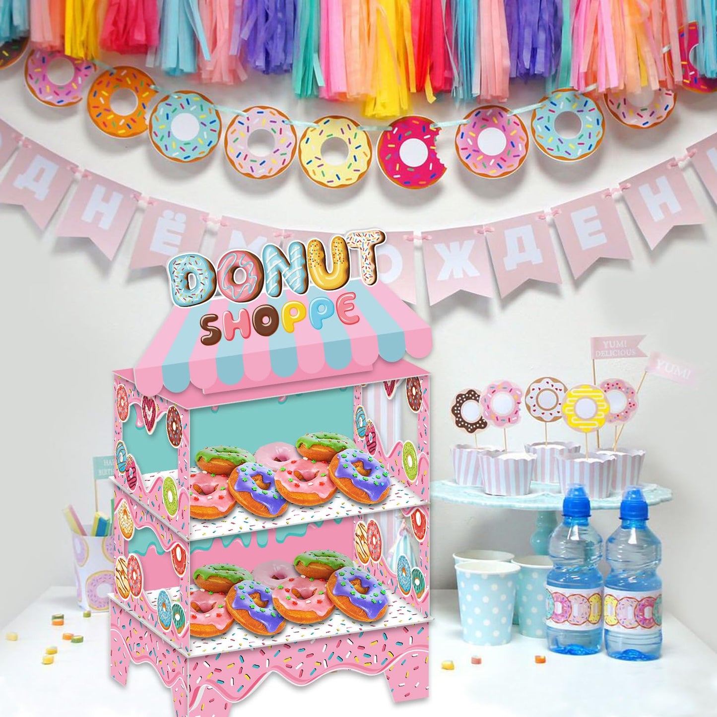 KALEFO Donut Birthday Party Decorations Stand for Dessert Table Decoration Supplies Favors Cupcake Decor