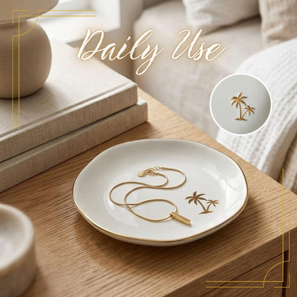 InnoBeta Palm Tree Gifts, Beach Themed Gifts - 4.75" Handcrafted Ceramic Ring Dish with Gold Trim, Decorative Trinket Dish for Rings Earrings