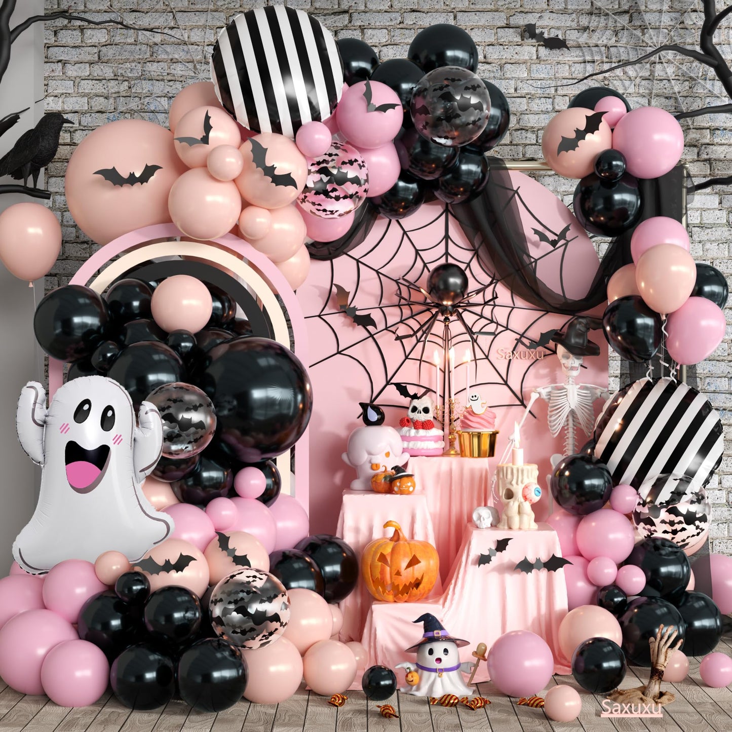Halloween Balloon Arch Garland Kit, Black Pink Macaron Orange Black and White Striped Ghost Foil Balloons with 3D Bat Stickers for Girls Halloween Party Spooky Birthday Party Decorations