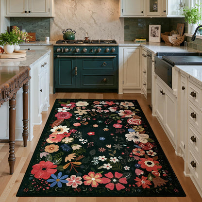 Vasofe 3x5 Rug for Bedroom,Washable Rugs for Living Room, Entryway, Indoor Floor Mat, Small Floral Mats for Nrusery, Farmhouse, Laundry Room, Playroom, Office, Non Slip Low Pile Soft Carpet, Black