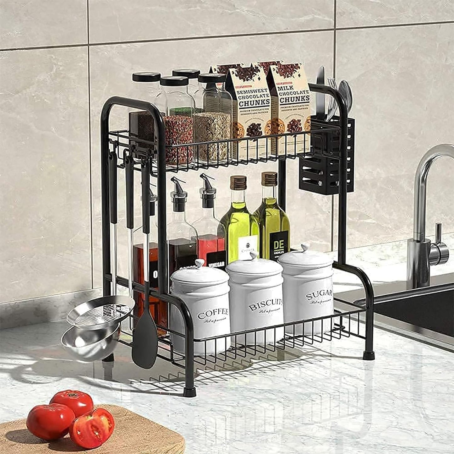 Bathroom Countertop Organizer With Toiletries Basket, 2 Tier Bathroom Counter Storage Rack with Adjustable Feetpad, No-Screw Caddy Stand for Vanity, Sturdy Metal Wire Black, Medium 12.8''L x 7.2''W