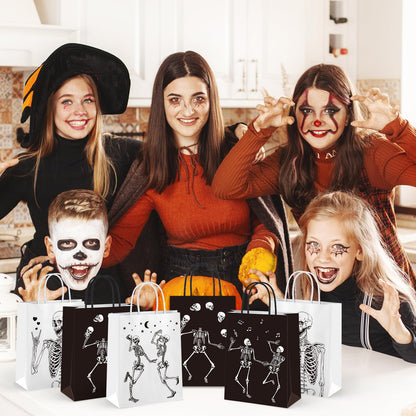 Whaline Halloween Skull Paper Gift Bags Black White Funny Dancing Skeleton Goodie Candy Treat Bag Skull Theme Handbags for Halloween Trick or Treat Party Favor Supplies, 16Pcs