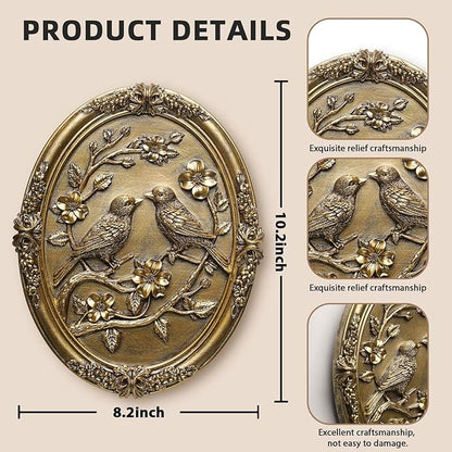 Vintage Bird Wall Art 2 Pack Antique Wall Decor Retro Wall Art Bird Wall Sculpture Hand Painted Wall Decoration with Embossed Birds Design Vintage Decor for Living Room Bedroom Gallery Unique Gifts (Gold Birds)