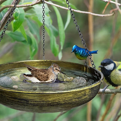 TIANCENTRAL H Hanging Bird Bath for Outdoor-11.4 Inch Bird Baths for Backyard Metal Bird Bath Bowl Outdoor Window Birds Feeder with 17”Rust-Proof Black Chains for Garden Yard and Patio Decor