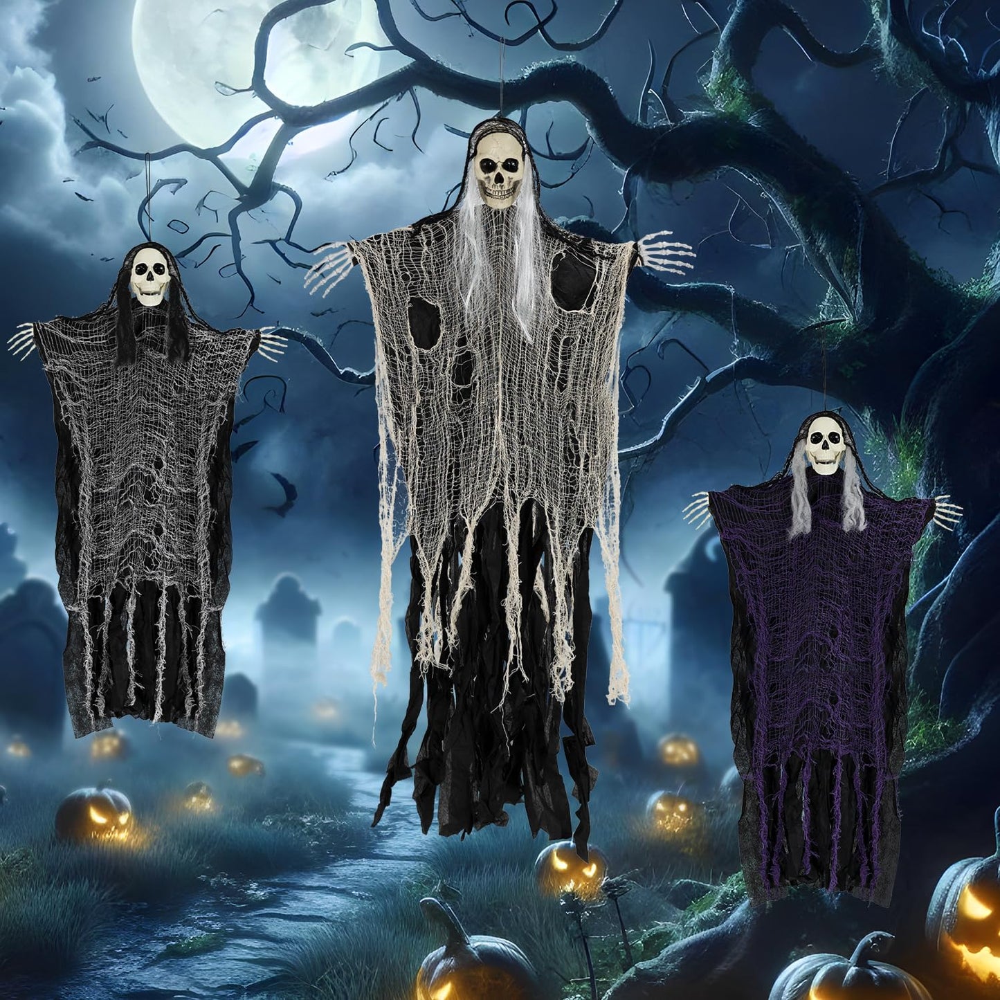 Kendane Halloween Decorations Outdoor and Indoor,3PCS Scary Hanging Ghosts,Halloween Grim Reaper Skeleton,Scary Party Decorations for Yard,Haunted House Decor