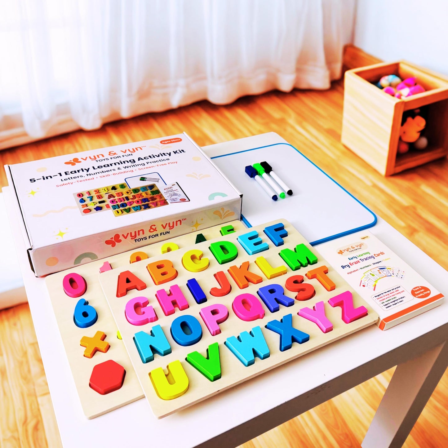 5-in-1 Wooden Puzzles for Toddlers 3-5 | Montessori Alphabet Number Shape Learning Toys | Magnetic Whiteboard, Flashcards & Markers | Preschool Educational Activity Kit | VYN & VYN (Rainbow)