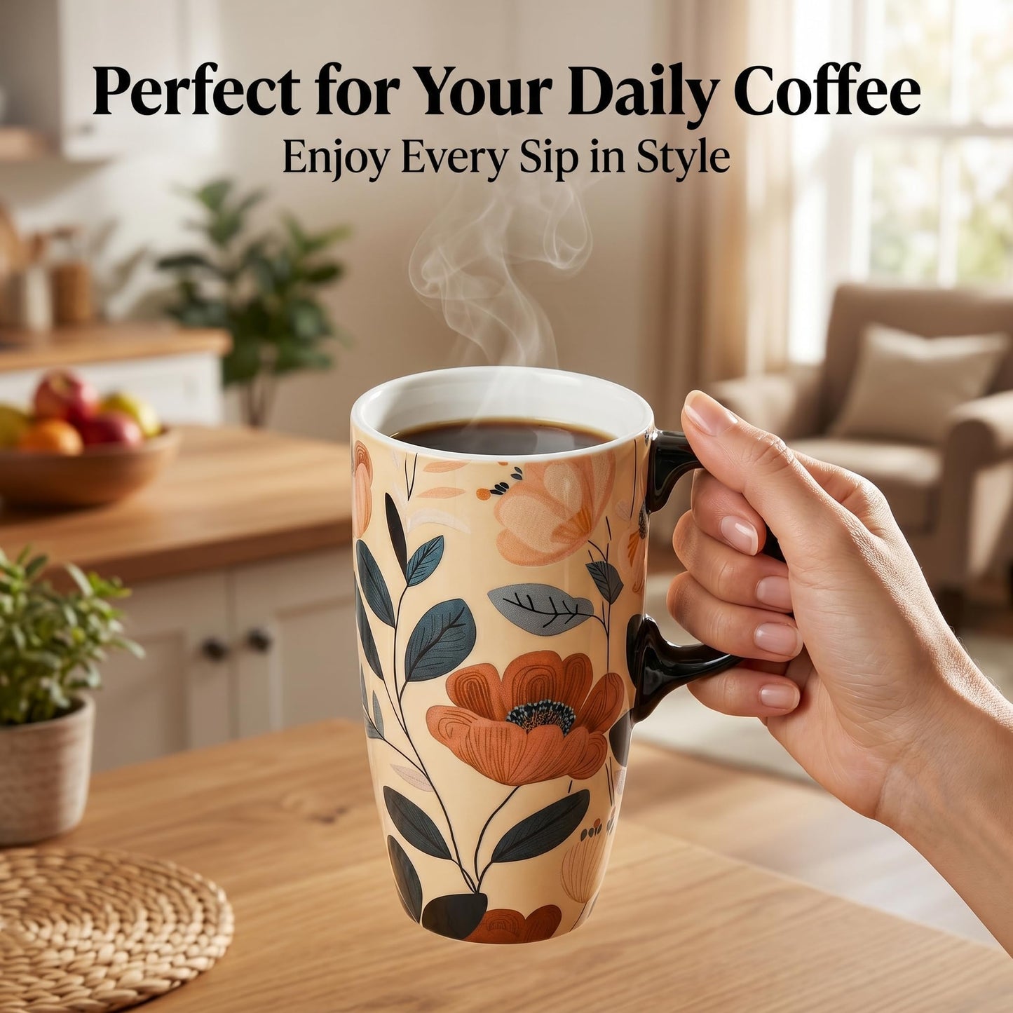 Topadorn Botanical Ceramic Travel Mug with Lid, 17oz Floral Coffee Mug with Handle, Microwave & Dishwasher Safe, Gift Box Included