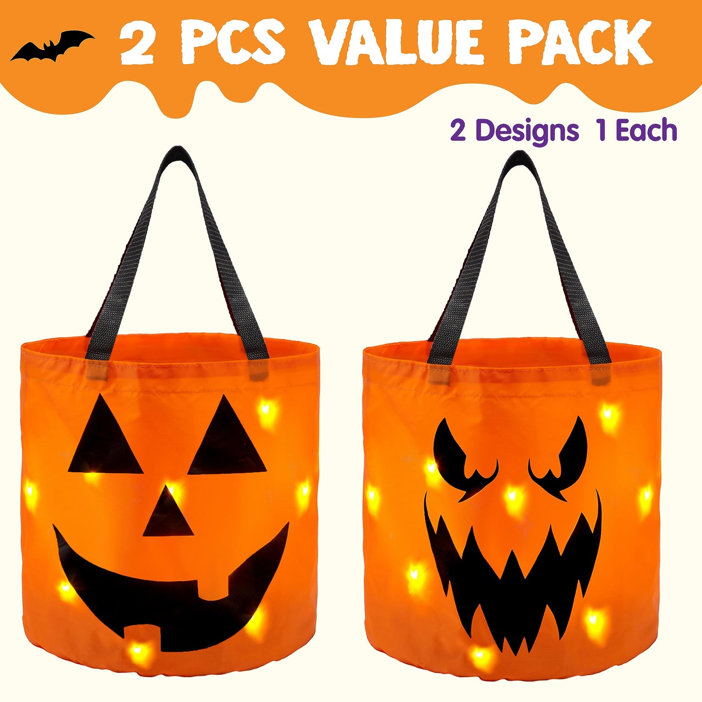 JOYIN 2 PCS Halloween Trick or Treat Bags 10 x 11.8 inches LED Light Orange Pumpkin Buckets Reusable Goody Candy Bucket Trick or Treating, Halloween Birthday Party Favor Supplies