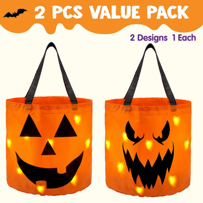 JOYIN 2 PCS Halloween Trick or Treat Bags 10 x 11.8 inches LED Light Orange Pumpkin Buckets Reusable Goody Candy Bucket Trick or Treating, Halloween Birthday Party Favor Supplies