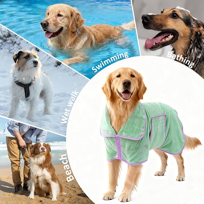 Soft Dog Bathrobe Fast Drying Dog Coat, Super Absorbent Dog Towels for After Bath, Microfiber Pet Robe Adjustable Collar & Belly Warm Keeping Dogs Coat for Pet Dogs & Cats (Green, X-Large)
