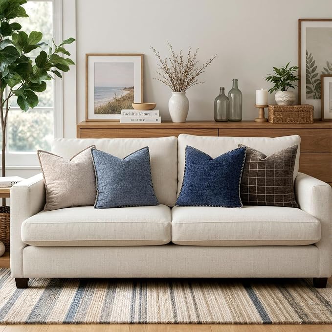 MIULEE Pack of 2 Couch Throw Pillow Covers 20x20 Inch Navy Farmhouse Decorative Pillow Covers with Stitched Edge Soft Chenille Solid Dyed Pillow Covers for Sofa Bed Living Room